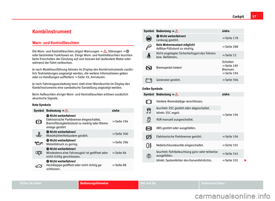 Seat Alhambra 2014 Betriebsanleitung (in German) 57
Cockpit
Kombiinstrument Warn- und Kontrollleuchten
Die Warn- und Kontrollleuchten zeigen Warnungen ⇒ , Störungen ⇒ oder bestimmte Funktionen an. Einige Warn- und Kontrollleuchten leuchten Seat Alhambra 2014 Betriebsanleitung (in German) 57
Cockpit
Kombiinstrument Warn- und Kontrollleuchten
Die Warn- und Kontrollleuchten zeigen Warnungen ⇒ , Störungen ⇒ oder bestimmte Funktionen an. Einige Warn- und Kontrollleuchten leuchten