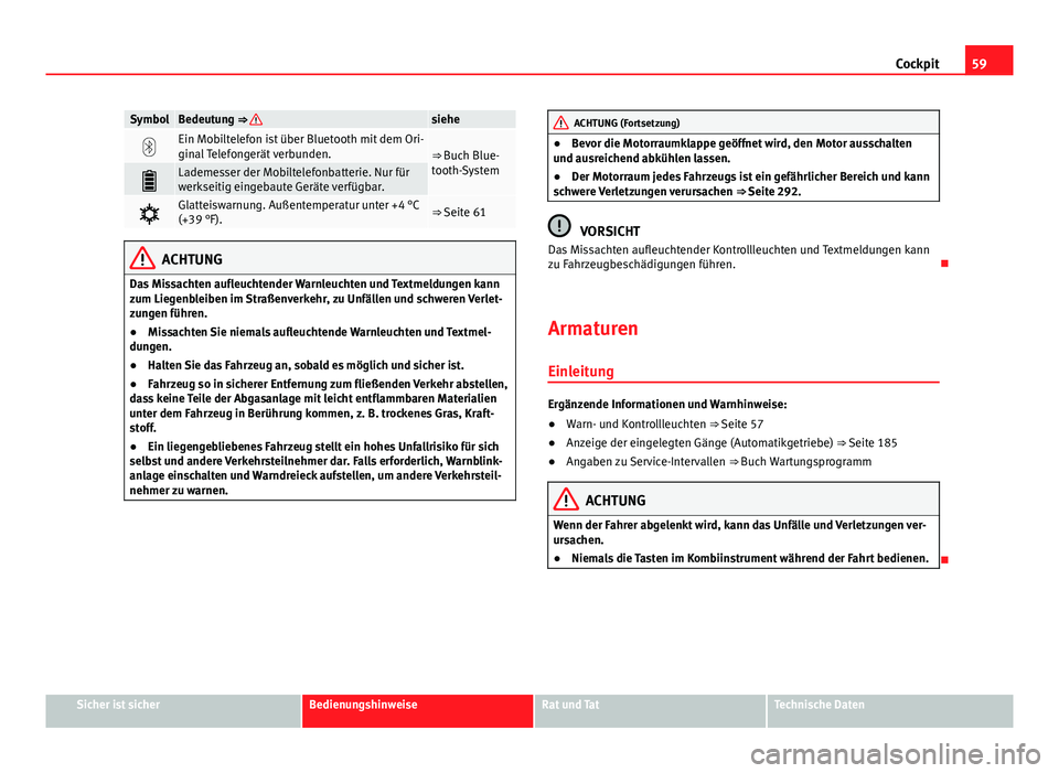 Seat Alhambra 2014  Betriebsanleitung (in German) 59
Cockpit
SymbolBedeutung ⇒ siehe
Ein Mobiltelefon ist über Bluetooth mit dem Ori-
ginal Telefongerät verbunden.⇒ Buch Blue-
tooth-System
Lademesser der Mobiltelefonbatterie. Nur für