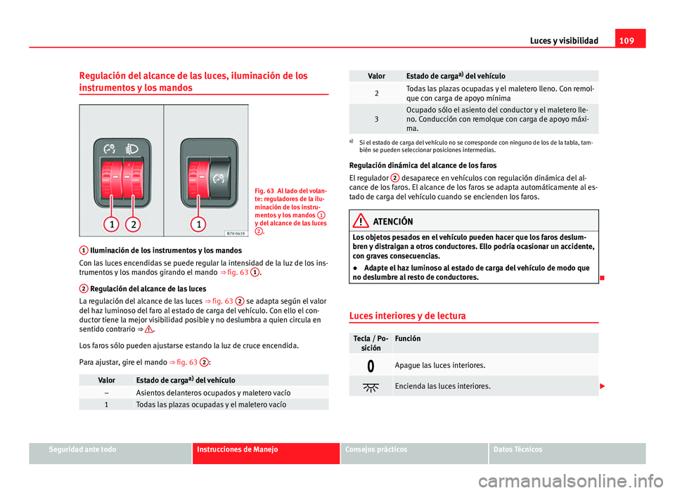 Seat Alhambra 2014 Manual del propietario (in Spanish) 109
Luces y visibilidad
Regulación del alcance de las luces, iluminación de los
instrumentos y los mandos
Fig. 63 Al lado del volan-
te: reguladores de la ilu-
minación de los instru-
mentos y los Seat Alhambra 2014 Manual del propietario (in Spanish) 109
Luces y visibilidad
Regulación del alcance de las luces, iluminación de los
instrumentos y los mandos
Fig. 63 Al lado del volan-
te: reguladores de la ilu-
minación de los instru-
mentos y los
