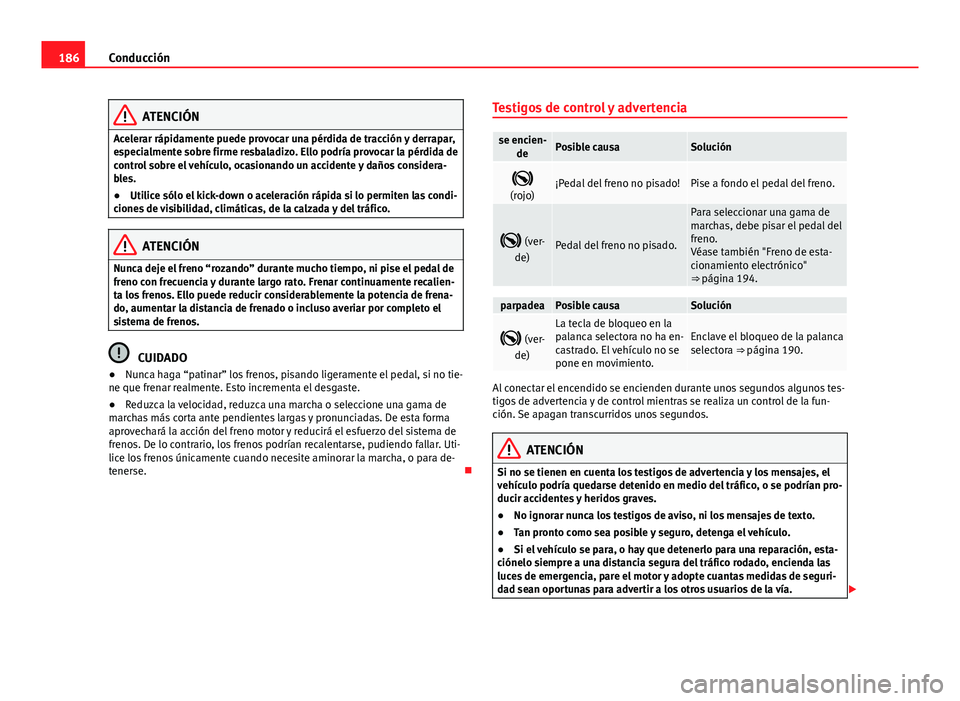 Seat Alhambra 2014 Manual del propietario (in Spanish) 186Conducción
ATENCIÓN
Acelerar rápidamente puede provocar una pérdida de tracción y derrapar,
especialmente sobre firme resbaladizo. Ello podría provocar la pérdida de
control sobre el vehícu Seat Alhambra 2014 Manual del propietario (in Spanish) 186Conducción
ATENCIÓN
Acelerar rápidamente puede provocar una pérdida de tracción y derrapar,
especialmente sobre firme resbaladizo. Ello podría provocar la pérdida de
control sobre el vehícu