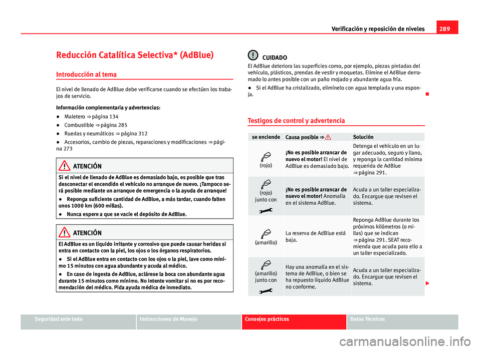 Seat Alhambra 2014 Manual del propietario (in Spanish) 289
Verificación y reposición de niveles
Reducción Catalítica Selectiva* (AdBlue) Introducción al tema
El nivel de llenado de AdBlue debe verificarse cuando se efectúen los traba-
jos de servici Seat Alhambra 2014 Manual del propietario (in Spanish) 289
Verificación y reposición de niveles
Reducción Catalítica Selectiva* (AdBlue) Introducción al tema
El nivel de llenado de AdBlue debe verificarse cuando se efectúen los traba-
jos de servici