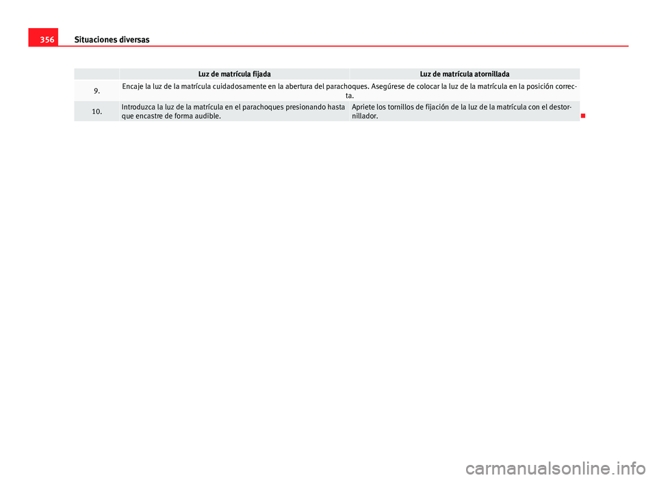 Seat Alhambra 2014 Manual del propietario (in Spanish) 356Situaciones diversas
Luz de matrícula fijadaLuz de matrícula atornillada
9.Encaje la luz de la matrícula cuidadosamente en la abertura del parachoques. Asegúrese de colocar la luz de la matrí Seat Alhambra 2014 Manual del propietario (in Spanish) 356Situaciones diversas
Luz de matrícula fijadaLuz de matrícula atornillada
9.Encaje la luz de la matrícula cuidadosamente en la abertura del parachoques. Asegúrese de colocar la luz de la matrí