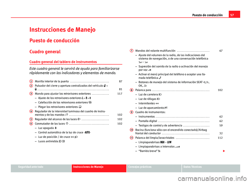 Seat Alhambra 2014 Manual del propietario (in Spanish) 57
Puesto de conducción
Instrucciones de Manejo Puesto de conducción
Cuadro general
Cuadro general del tablero de instrumentos
Este cuadro general le servirá de ayuda para familiarizarse
rápidamen Seat Alhambra 2014 Manual del propietario (in Spanish) 57
Puesto de conducción
Instrucciones de Manejo Puesto de conducción
Cuadro general
Cuadro general del tablero de instrumentos
Este cuadro general le servirá de ayuda para familiarizarse
rápidamen