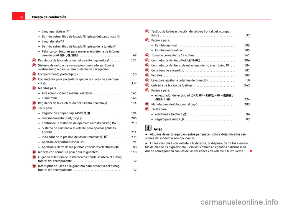 Seat Alhambra 2014 Manual del propietario (in Spanish) 58Puesto de conducción
–Limpiaparabrisas
– Barrido automático de lavado/limpieza del parabrisas
– Limpialuneta
– Barrido automático de lavado/limpieza de la luneta
– Pala Seat Alhambra 2014 Manual del propietario (in Spanish) 58Puesto de conducción
–Limpiaparabrisas
– Barrido automático de lavado/limpieza del parabrisas
– Limpialuneta
– Barrido automático de lavado/limpieza de la luneta
– Pala