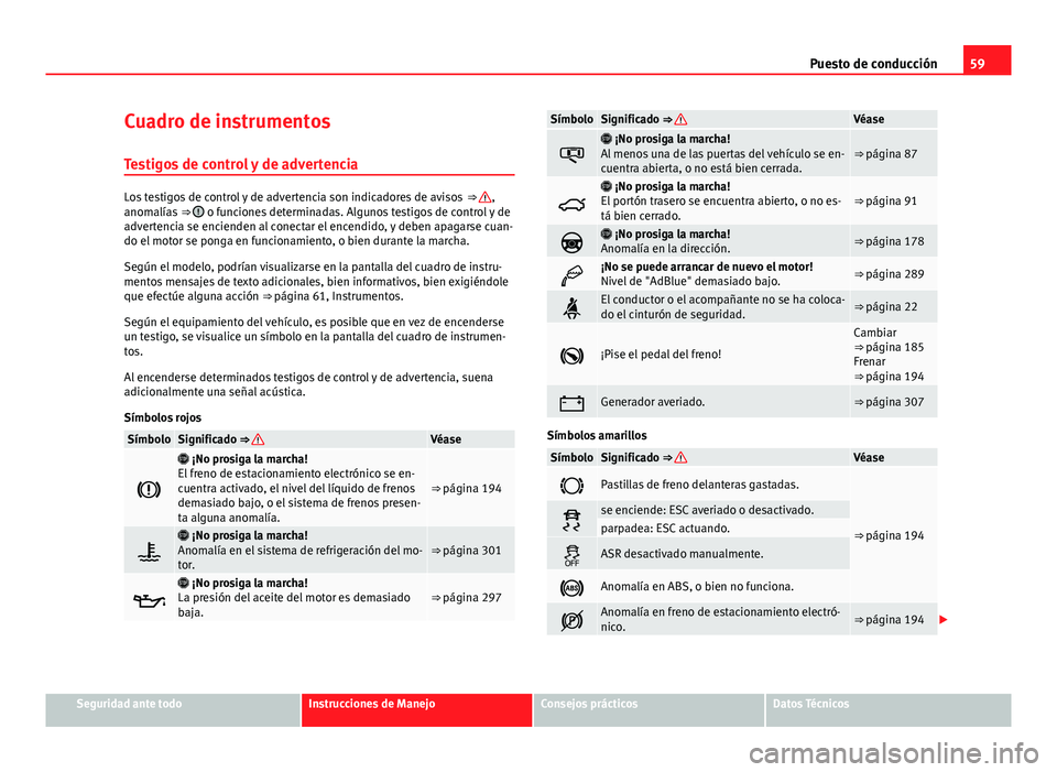 Seat Alhambra 2014 Manual del propietario (in Spanish) 59
Puesto de conducción
Cuadro de instrumentos Testigos de control y de advertencia
Los testigos de control y de advertencia son indicadores de avisos ⇒ ,
anomalías ⇒ o funciones determin Seat Alhambra 2014 Manual del propietario (in Spanish) 59
Puesto de conducción
Cuadro de instrumentos Testigos de control y de advertencia
Los testigos de control y de advertencia son indicadores de avisos ⇒ ,
anomalías ⇒ o funciones determin