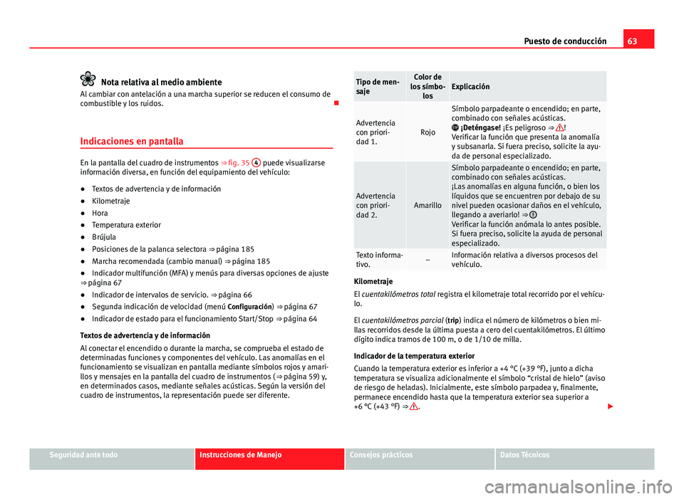 Seat Alhambra 2014  Manual del propietario (in Spanish) 63
Puesto de conducción
Nota relativa al medio ambiente
Al cambiar con antelación a una marcha superior se reducen el consumo de
combustible y los ruidos. 
Indicaciones en pantalla
En la pantalla