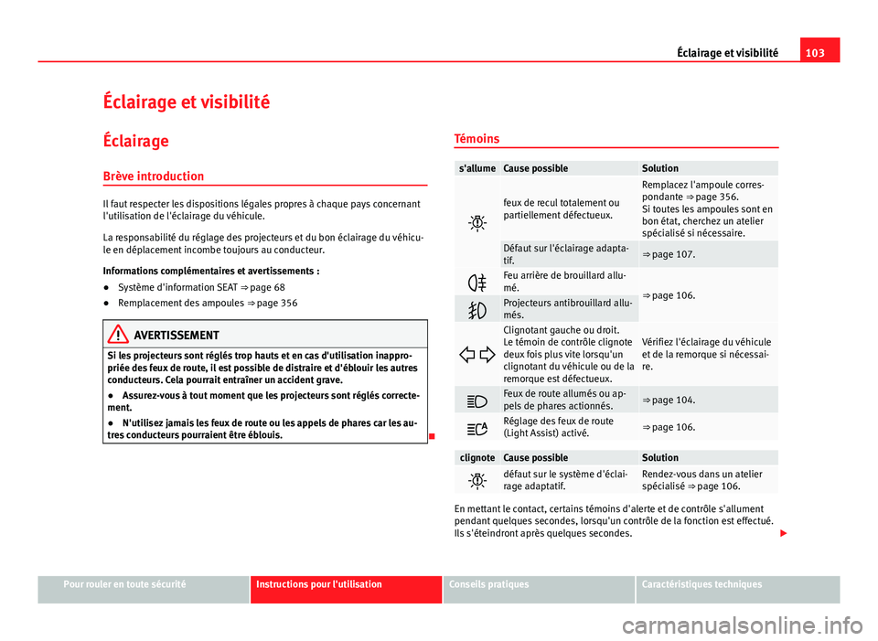 Seat Alhambra 2014 Manuel du propriétaire (in French) 103
Éclairage et visibilité
Éclairage et visibilité
Éclairage
Brève introduction
Il faut respecter les dispositions légales propres à chaque pays concernant
l'utilisation de l'éclaira Seat Alhambra 2014 Manuel du propriétaire (in French) 103
Éclairage et visibilité
Éclairage et visibilité
Éclairage
Brève introduction
Il faut respecter les dispositions légales propres à chaque pays concernant
l'utilisation de l'éclaira
