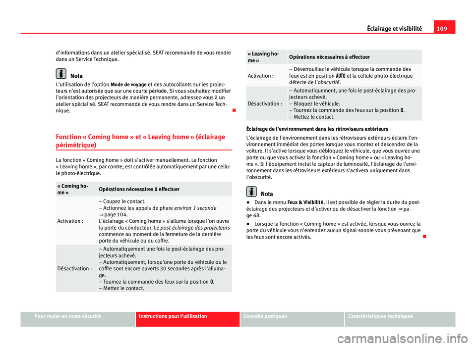 Seat Alhambra 2014 Manuel du propriétaire (in French) 109
Éclairage et visibilité
d'informations dans un atelier spécialisé. SEAT recommande de vous rendre
dans un Service Technique.
Nota
L'utilisation de l'option Mode de voyage et des a Seat Alhambra 2014 Manuel du propriétaire (in French) 109
Éclairage et visibilité
d'informations dans un atelier spécialisé. SEAT recommande de vous rendre
dans un Service Technique.
Nota
L'utilisation de l'option Mode de voyage et des a