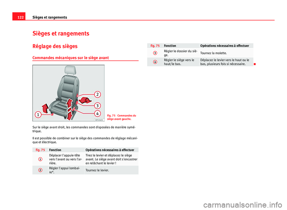 Seat Alhambra 2014 Manuel du propriétaire (in French) 122Sièges et rangements
Sièges et rangements
Réglage des sièges
Commandes mécaniques sur le siège avant
Fig. 75 Commandes du
siège avant gauche.
Sur le siège avant droit, les commandes sont d Seat Alhambra 2014 Manuel du propriétaire (in French) 122Sièges et rangements
Sièges et rangements
Réglage des sièges
Commandes mécaniques sur le siège avant
Fig. 75 Commandes du
siège avant gauche.
Sur le siège avant droit, les commandes sont d