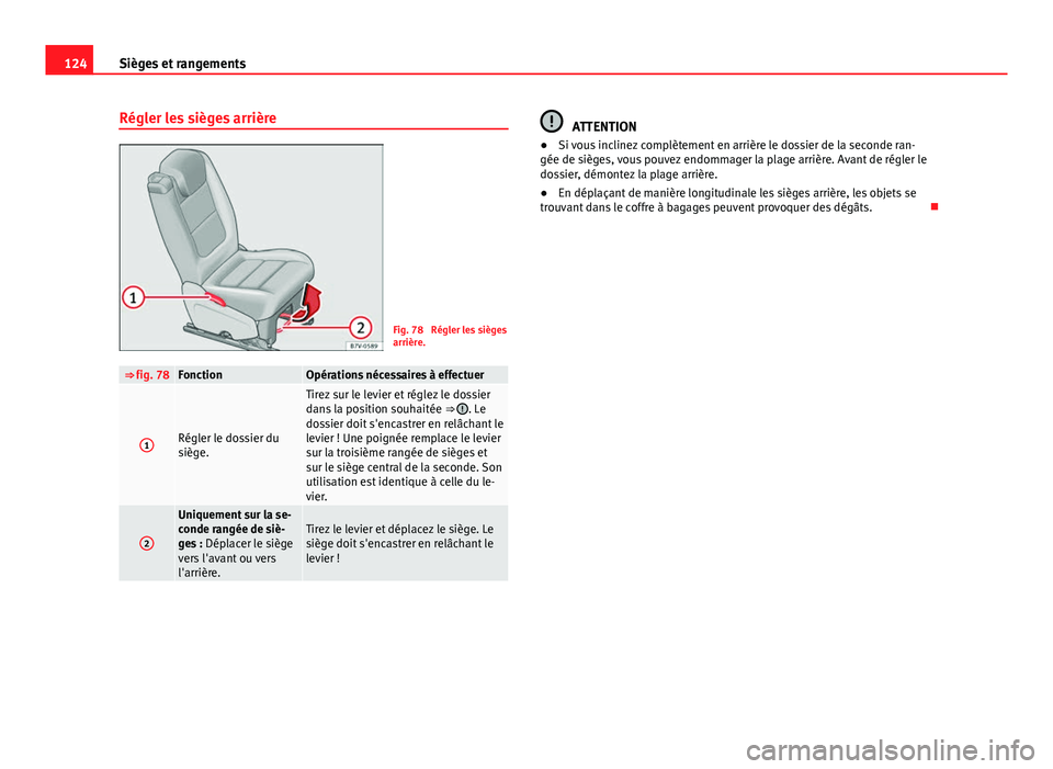 Seat Alhambra 2014 Manuel du propriétaire (in French) 124Sièges et rangements
Régler les sièges arrière
Fig. 78 Régler les sièges
arrière.
⇒ fig. 78FonctionOpérations nécessaires à effectuer
1Régler le dossier du
siège.
Tirez sur le levi Seat Alhambra 2014 Manuel du propriétaire (in French) 124Sièges et rangements
Régler les sièges arrière
Fig. 78 Régler les sièges
arrière.
⇒ fig. 78FonctionOpérations nécessaires à effectuer
1Régler le dossier du
siège.
Tirez sur le levi