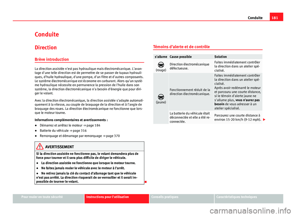 Seat Alhambra 2014 Manuel du propriétaire (in French) 181
Conduite
Conduite Direction
Brève introduction
La direction assistée n'est pas hydraulique mais électromécanique. L'avan-
tage d'une telle direction est de permettre de se passer d Seat Alhambra 2014 Manuel du propriétaire (in French) 181
Conduite
Conduite Direction
Brève introduction
La direction assistée n'est pas hydraulique mais électromécanique. L'avan-
tage d'une telle direction est de permettre de se passer d
