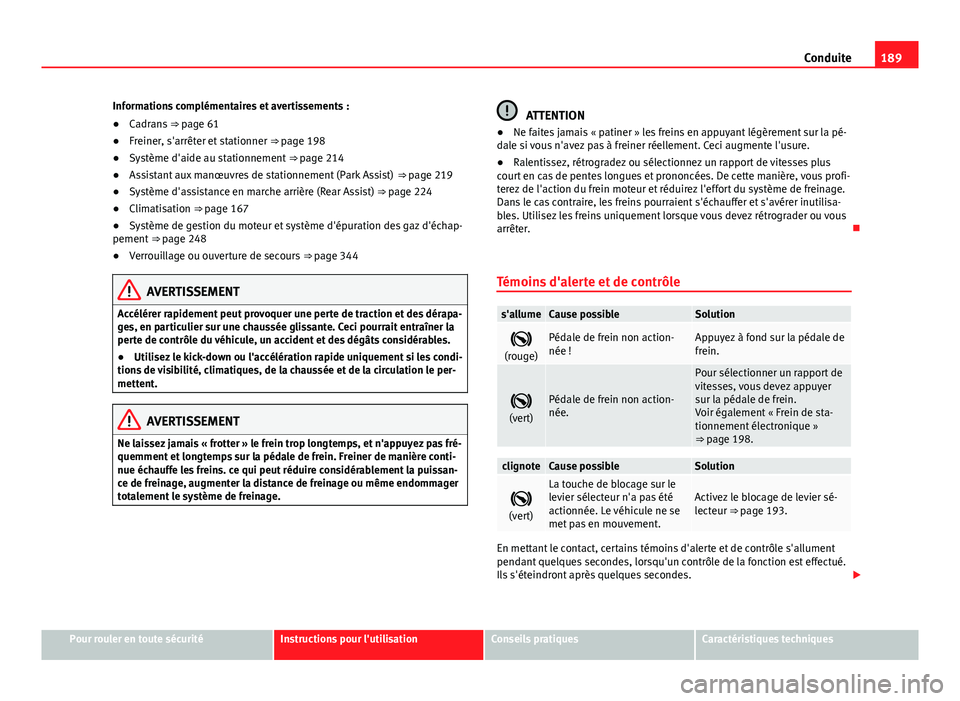 Seat Alhambra 2014 Manuel du propriétaire (in French) 189
Conduite
Informations complémentaires et avertissements :
● Cadrans ⇒ page 61
● Freiner, s'arrêter et stationner ⇒ page 198
● Système d'aide au stationnement ⇒ page Seat Alhambra 2014 Manuel du propriétaire (in French) 189
Conduite
Informations complémentaires et avertissements :
● Cadrans ⇒ page 61
● Freiner, s'arrêter et stationner ⇒ page 198
● Système d'aide au stationnement ⇒ page