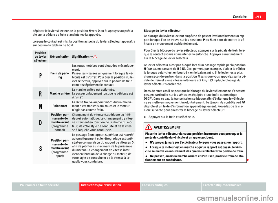 Seat Alhambra 2014 Manuel du propriétaire (in French) 193
Conduite
déplacer le levier sélecteur de la position N vers D ou R, appuyez au préala-
ble sur la pédale de frein et maintenez-la appuyée.
Lorsque le contact est mis, la position actuelle du Seat Alhambra 2014 Manuel du propriétaire (in French) 193
Conduite
déplacer le levier sélecteur de la position N vers D ou R, appuyez au préala-
ble sur la pédale de frein et maintenez-la appuyée.
Lorsque le contact est mis, la position actuelle du