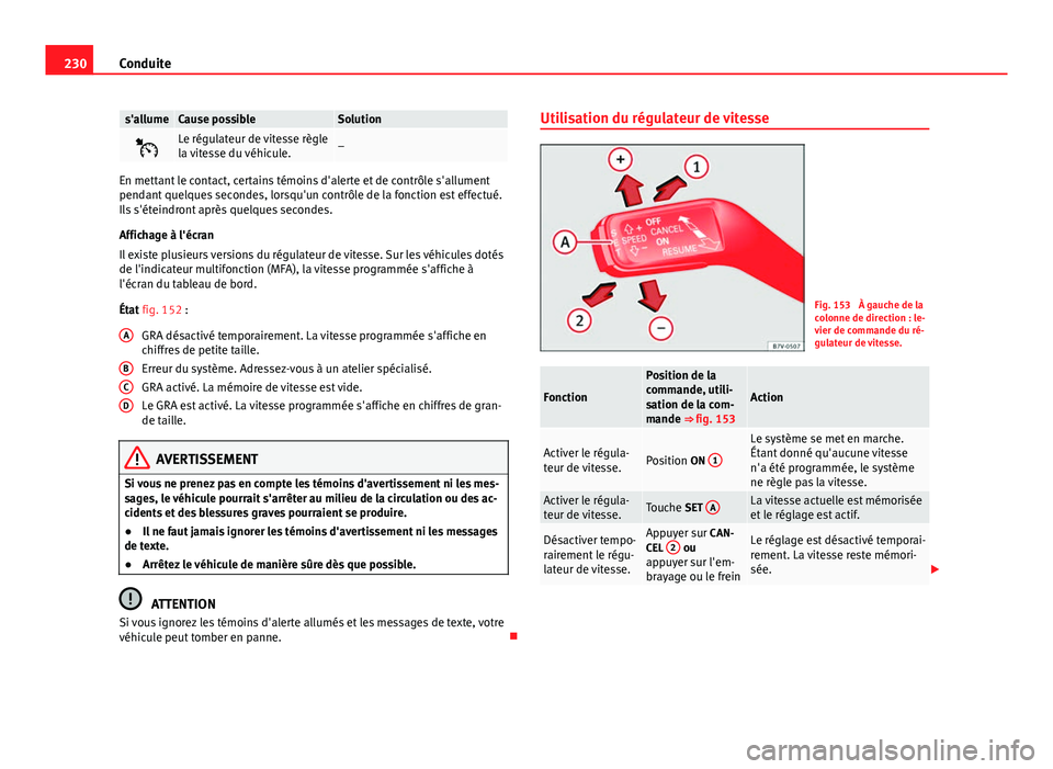 Seat Alhambra 2014  Manuel du propriétaire (in French)  230Conduite
s'allumeCause possibleSolution
Le régulateur de vitesse règle
la vitesse du véhicule.–
En mettant le contact, certains témoins d'alerte et de contrôle s'allument
pend