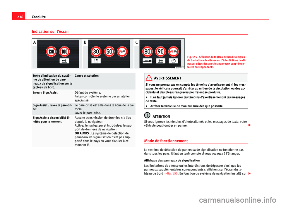 Seat Alhambra 2014  Manuel du propriétaire (in French)  236Conduite
Indication sur l'écran
Fig. 155  Afficheur du tableau de bord exemples
de limitations de vitesse ou d'interdictions de dé-
passer détectées avec les panneaux supplémen-
taires