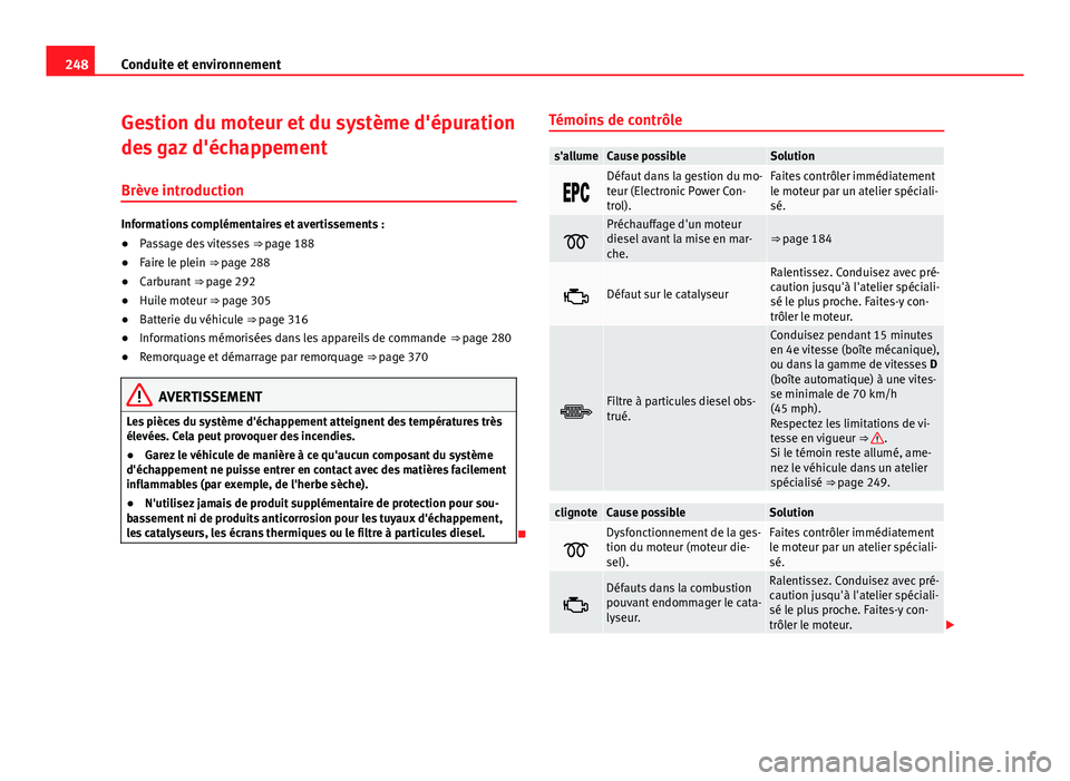 Seat Alhambra 2014 Manuel du propriétaire (in French) 248Conduite et environnement
Gestion du moteur et du système d'épuration
des gaz d'échappement
Brève introduction
Informations complémentaires et avertissements :
● Passage des vitesses Seat Alhambra 2014 Manuel du propriétaire (in French) 248Conduite et environnement
Gestion du moteur et du système d'épuration
des gaz d'échappement
Brève introduction
Informations complémentaires et avertissements :
● Passage des vitesses