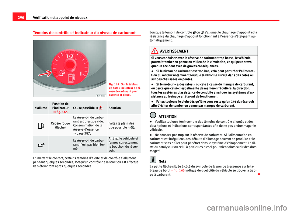 Seat Alhambra 2014 Manuel du propriétaire (in French) 290Vérification et appoint de niveaux
Témoins de contrôle et indicateur du niveau de carburant
Fig. 165 Sur le tableau
de bord : indicateur de ni-
veau de carburant pour
essence et diesel.
s'a Seat Alhambra 2014 Manuel du propriétaire (in French) 290Vérification et appoint de niveaux
Témoins de contrôle et indicateur du niveau de carburant
Fig. 165 Sur le tableau
de bord : indicateur de ni-
veau de carburant pour
essence et diesel.
s'a