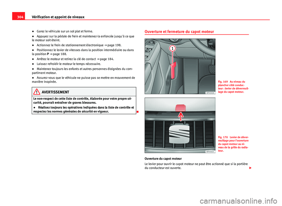 Seat Alhambra 2014 Manuel du propriétaire (in French) 304Vérification et appoint de niveaux
●Garez le véhicule sur un sol plat et ferme.
● Appuyez sur la pédale de frein et maintenez-la enfoncée jusqu'à ce que
le moteur soit éteint.
● Act Seat Alhambra 2014 Manuel du propriétaire (in French) 304Vérification et appoint de niveaux
●Garez le véhicule sur un sol plat et ferme.
● Appuyez sur la pédale de frein et maintenez-la enfoncée jusqu'à ce que
le moteur soit éteint.
● Act
