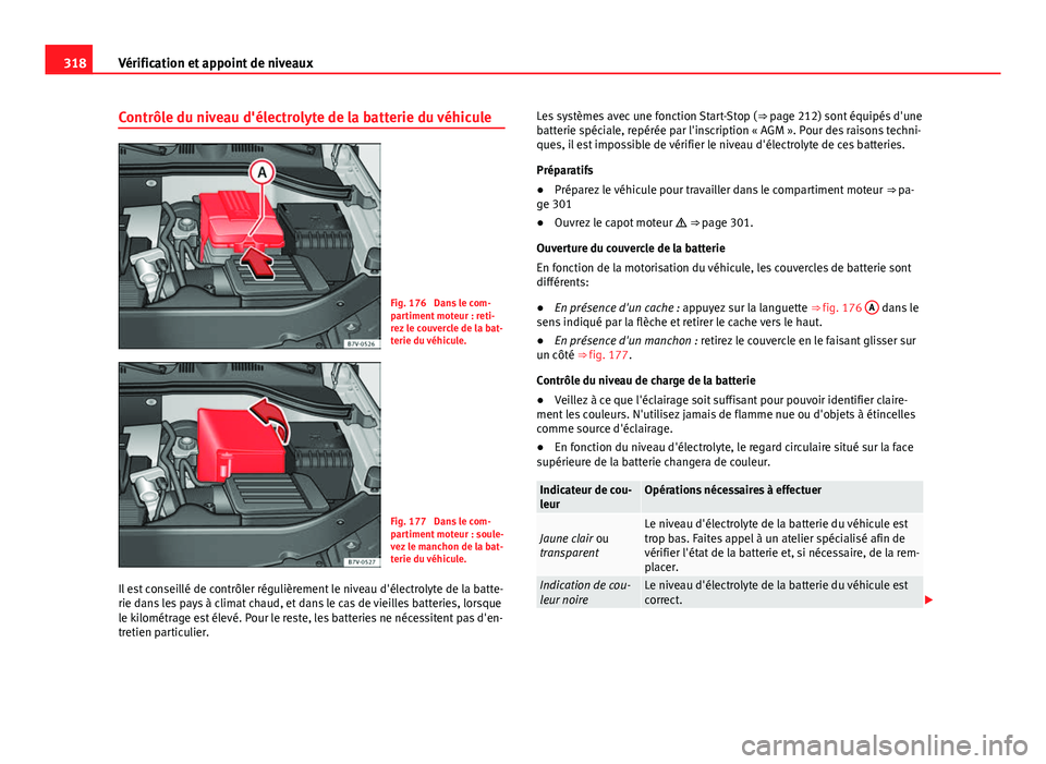 Seat Alhambra 2014 Manuel du propriétaire (in French) 318Vérification et appoint de niveaux
Contrôle du niveau d'électrolyte de la batterie du véhicule
Fig. 176 Dans le com-
partiment moteur : reti-
rez le couvercle de la bat-
terie du véhicule Seat Alhambra 2014 Manuel du propriétaire (in French) 318Vérification et appoint de niveaux
Contrôle du niveau d'électrolyte de la batterie du véhicule
Fig. 176 Dans le com-
partiment moteur : reti-
rez le couvercle de la bat-
terie du véhicule
