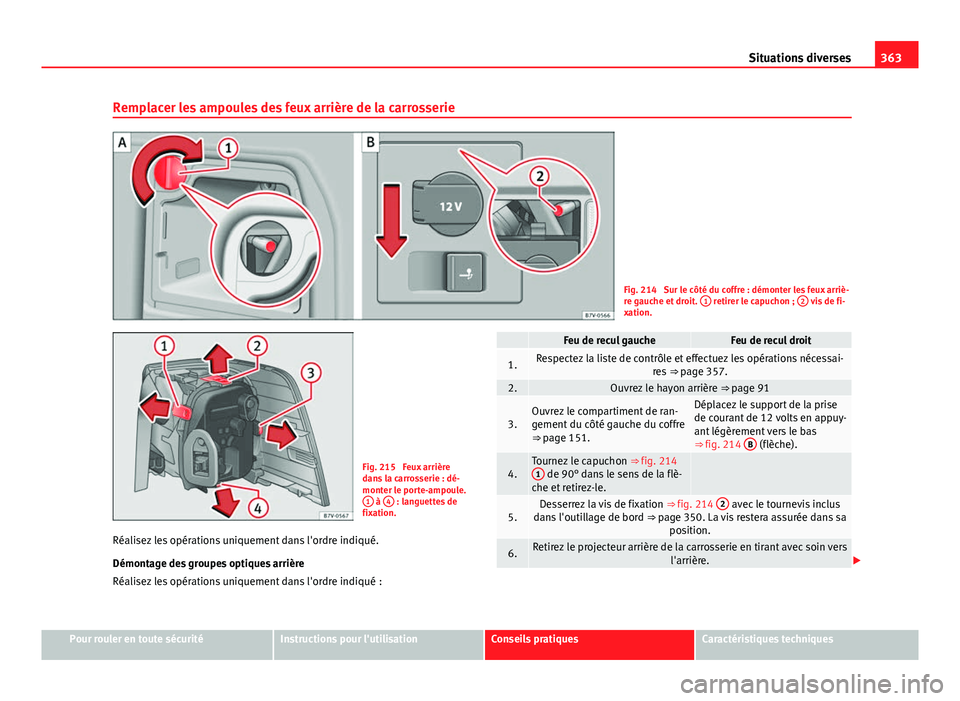 Seat Alhambra 2014 Manuel du propriétaire (in French) 363
Situations diverses
Remplacer les ampoules des feux arrière de la carrosserie
Fig. 214 Sur le côté du coffre : démonter les feux arriè-
re gauche et droit. 1 retirer le capuchon ; 2 vis de Seat Alhambra 2014 Manuel du propriétaire (in French) 363
Situations diverses
Remplacer les ampoules des feux arrière de la carrosserie
Fig. 214 Sur le côté du coffre : démonter les feux arriè-
re gauche et droit. 1 retirer le capuchon ; 2 vis de