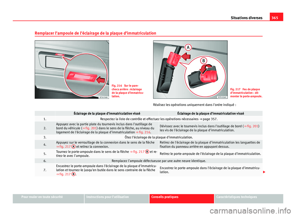 Seat Alhambra 2014 Manuel du propriétaire (in French) 365
Situations diverses
Remplacer l'ampoule de l'éclairage de la plaque d'immatriculation
Fig. 216 Sur le pare-
chocs arrière : éclairage
de la plaque d'immatricu-
lation.Fig. 217 Seat Alhambra 2014 Manuel du propriétaire (in French) 365
Situations diverses
Remplacer l'ampoule de l'éclairage de la plaque d'immatriculation
Fig. 216 Sur le pare-
chocs arrière : éclairage
de la plaque d'immatricu-
lation.Fig. 217