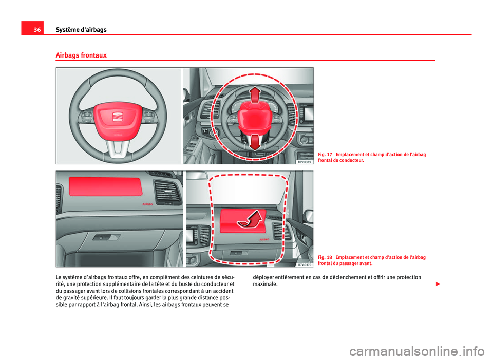 Seat Alhambra 2014  Manuel du propriétaire (in French)  36Système d'airbags
Airbags frontaux
Fig. 17  Emplacement et champ d'action de l'airbag
frontal du conducteur.
Fig. 18  Emplacement et champ d'action de l'airbag
frontal du passag