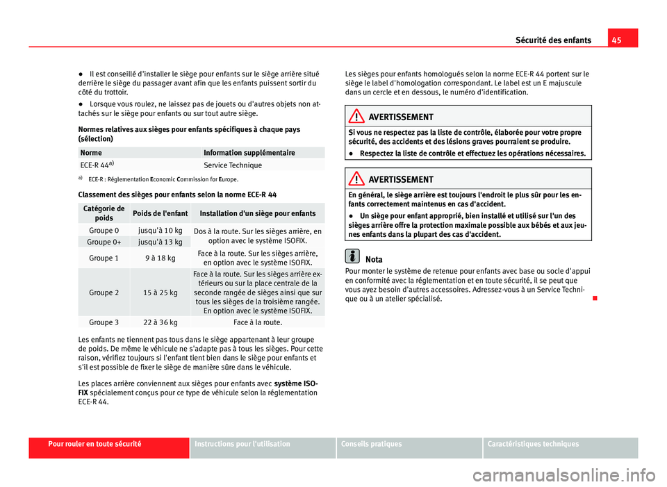 Seat Alhambra 2014 Manuel du propriétaire (in French) 45
Sécurité des enfants
● Il est conseillé d'installer le siège pour enfants sur le siège arrière situé
derrière le siège du passager avant afin que les enfants puissent sortir du
côt Seat Alhambra 2014 Manuel du propriétaire (in French) 45
Sécurité des enfants
● Il est conseillé d'installer le siège pour enfants sur le siège arrière situé
derrière le siège du passager avant afin que les enfants puissent sortir du
côt