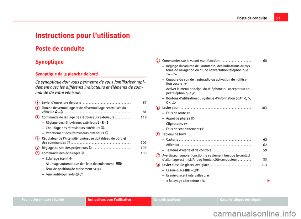 Seat Alhambra 2014 Manuel du propriétaire (in French) 57
Poste de conduite
Instructions pour l'utilisation Poste de conduite
Synoptique Synoptique de la planche de bord
Ce synoptique doit vous permettre de vous familiariser rapi-
dement avec les diff Seat Alhambra 2014 Manuel du propriétaire (in French) 57
Poste de conduite
Instructions pour l'utilisation Poste de conduite
Synoptique Synoptique de la planche de bord
Ce synoptique doit vous permettre de vous familiariser rapi-
dement avec les diff