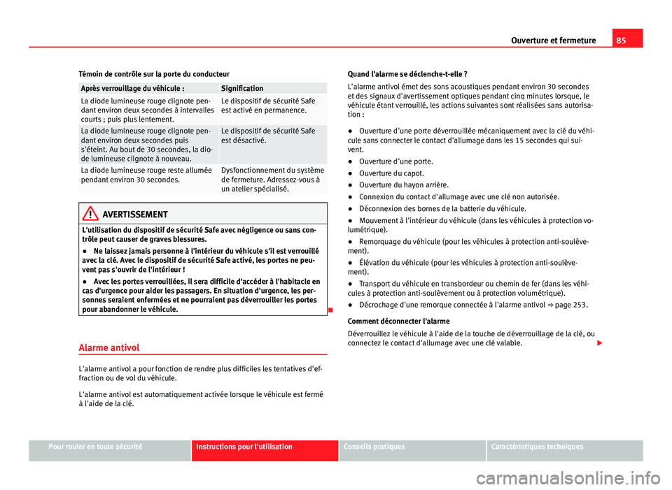 Seat Alhambra 2014 Manuel du propriétaire (in French) 85
Ouverture et fermeture
Témoin de contrôle sur la porte du conducteur
Après verrouillage du véhicule :SignificationLa diode lumineuse rouge clignote pen-
dant environ deux secondes à intervalle Seat Alhambra 2014 Manuel du propriétaire (in French) 85
Ouverture et fermeture
Témoin de contrôle sur la porte du conducteur
Après verrouillage du véhicule :SignificationLa diode lumineuse rouge clignote pen-
dant environ deux secondes à intervalle