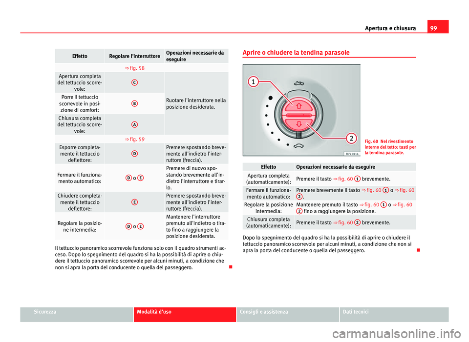 Seat Alhambra 2014  Manuale del proprietario (in Italian) 99
Apertura e chiusura
EffettoRegolare l'interruttoreOperazioni necessarie da
eseguire
 ⇒ fig. 58 Apertura completa
del tettuccio scorre- vole:C
Ruotare l'interruttore nella
posizione desi