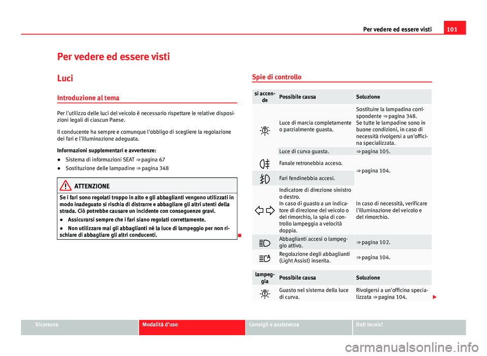 Seat Alhambra 2014 Manuale del proprietario (in Italian) 101
Per vedere ed essere visti
Per vedere ed essere visti Luci
Introduzione al tema
Per l'utilizzo delle luci del veicolo è necessario rispettare le relative disposi-
zioni legali di ciascun Paes Seat Alhambra 2014 Manuale del proprietario (in Italian) 101
Per vedere ed essere visti
Per vedere ed essere visti Luci
Introduzione al tema
Per l'utilizzo delle luci del veicolo è necessario rispettare le relative disposi-
zioni legali di ciascun Paes