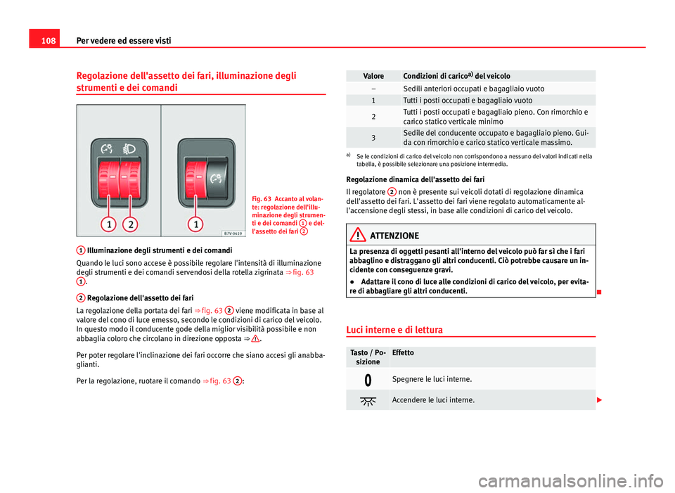 Seat Alhambra 2014 Manuale del proprietario (in Italian) 108Per vedere ed essere visti
Regolazione dell'assetto dei fari, illuminazione degli
strumenti e dei comandi
Fig. 63 Accanto al volan-
te: regolazione dell'illu-
minazione degli strumen-
ti e Seat Alhambra 2014 Manuale del proprietario (in Italian) 108Per vedere ed essere visti
Regolazione dell'assetto dei fari, illuminazione degli
strumenti e dei comandi
Fig. 63 Accanto al volan-
te: regolazione dell'illu-
minazione degli strumen-
ti e