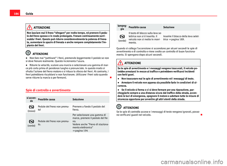 Seat Alhambra 2014 Manuale del proprietario (in Italian) 186Guida
ATTENZIONE
Non lasciare mai il freno “sfregare” per molto tempo, né premere il peda-
le del freno spesso e in modo prolungato. Frenare continuamente surri-
scalda i freni. Questo può ri Seat Alhambra 2014 Manuale del proprietario (in Italian) 186Guida
ATTENZIONE
Non lasciare mai il freno “sfregare” per molto tempo, né premere il peda-
le del freno spesso e in modo prolungato. Frenare continuamente surri-
scalda i freni. Questo può ri