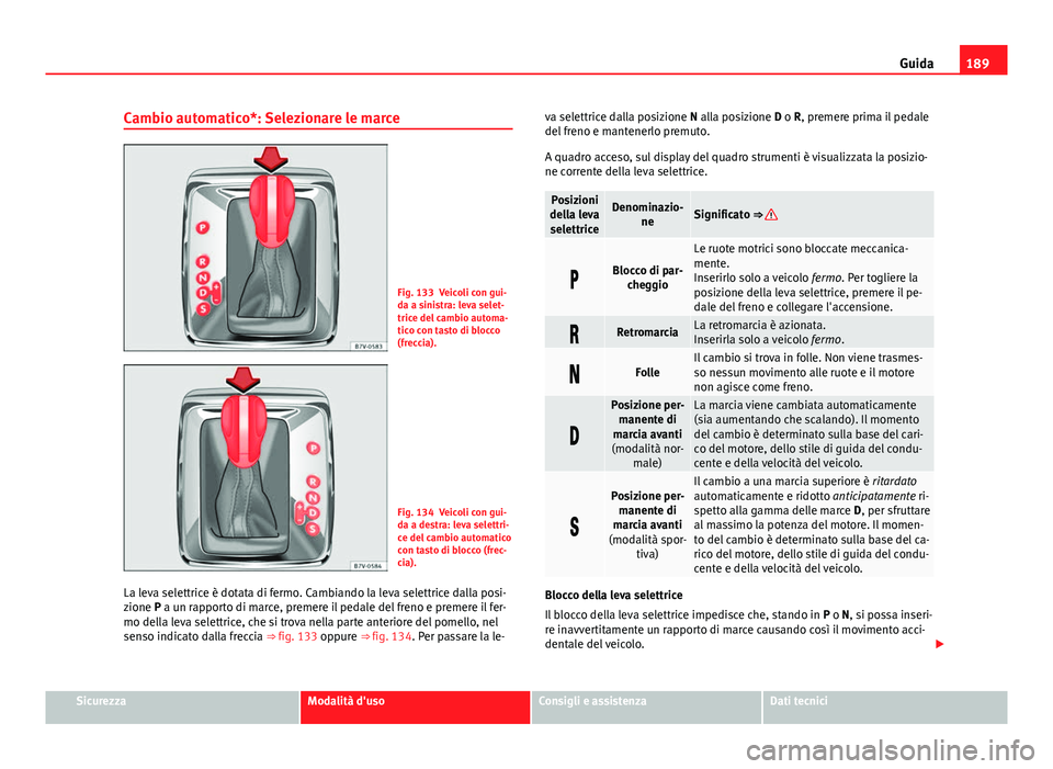 Seat Alhambra 2014  Manuale del proprietario (in Italian) 189
Guida
Cambio automatico*: Selezionare le marce
Fig. 133 Veicoli con gui-
da a sinistra: leva selet-
trice del cambio automa-
tico con tasto di blocco
(freccia).
Fig. 134 Veicoli con gui-
da a dest