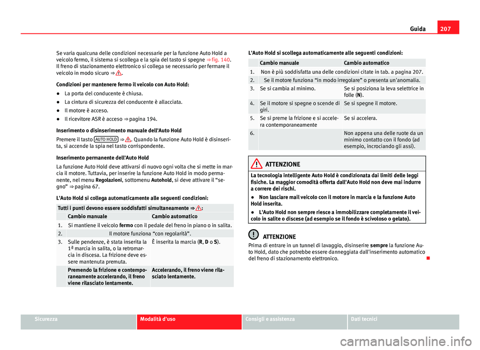 Seat Alhambra 2014  Manuale del proprietario (in Italian) 207
Guida
Se varia qualcuna delle condizioni necessarie per la funzione Auto Hold a
veicolo fermo, il sistema si scollega e la spia del tasto si spegne  ⇒ fig. 140.
Il freno di stazionamento elett