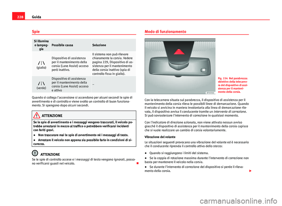 Seat Alhambra 2014 Manuale del proprietario (in Italian) 228Guida
Spie
Si illumina
o lampeg- giaPossibile causaSoluzione
(giallo)
Dispositivo di assistenza
per il mantenimento della
corsia (Lane Assist) acceso
però inattivo.Il sistema non può rilevare Seat Alhambra 2014 Manuale del proprietario (in Italian) 228Guida
Spie
Si illumina
o lampeg- giaPossibile causaSoluzione
(giallo)
Dispositivo di assistenza
per il mantenimento della
corsia (Lane Assist) acceso
però inattivo.Il sistema non può rilevare
