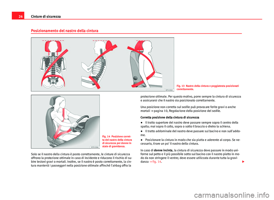 Seat Alhambra 2014  Manuale del proprietario (in Italian) 26Cinture di sicurezza
Posizionamento del nastro della cintura
Fig. 13 Nastro della cintura e poggiatesta posizionati
correttamente.
Fig. 14 Posizione corret-
ta del nastro della cintura
di sicurezza 