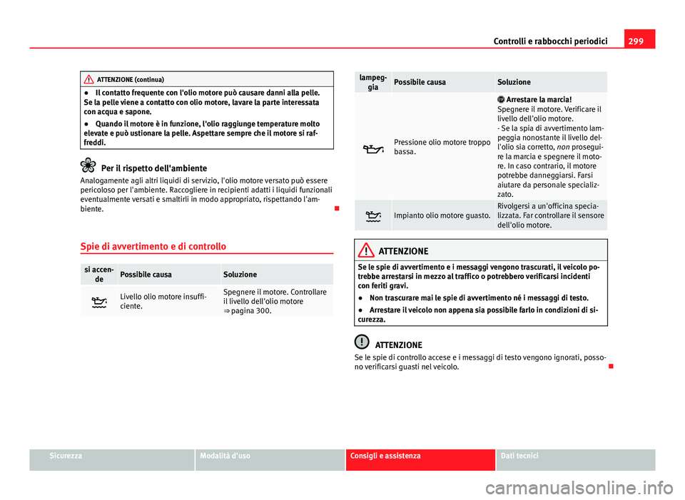 Seat Alhambra 2014 Manuale del proprietario (in Italian) 299
Controlli e rabbocchi periodici
ATTENZIONE (continua)
● Il contatto frequente con l'olio motore può causare danni alla pelle.
Se la pelle viene a contatto con olio motore, lavare la parte i Seat Alhambra 2014 Manuale del proprietario (in Italian) 299
Controlli e rabbocchi periodici
ATTENZIONE (continua)
● Il contatto frequente con l'olio motore può causare danni alla pelle.
Se la pelle viene a contatto con olio motore, lavare la parte i
