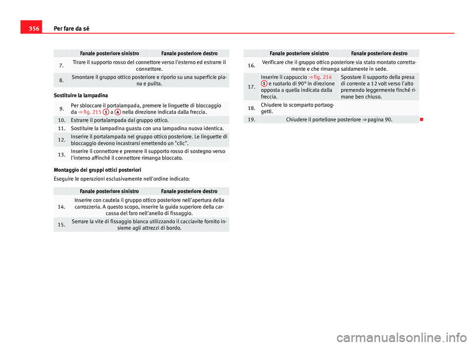 Seat Alhambra 2014 Manuale del proprietario (in Italian) 356Per fare da sé
Fanale posteriore sinistroFanale posteriore destro
7.Tirare il supporto rosso del connettore verso l'esterno ed estrarre il
connettore.
8.Smontare il gruppo ottico posteriore e Seat Alhambra 2014 Manuale del proprietario (in Italian) 356Per fare da sé
Fanale posteriore sinistroFanale posteriore destro
7.Tirare il supporto rosso del connettore verso l'esterno ed estrarre il
connettore.
8.Smontare il gruppo ottico posteriore e