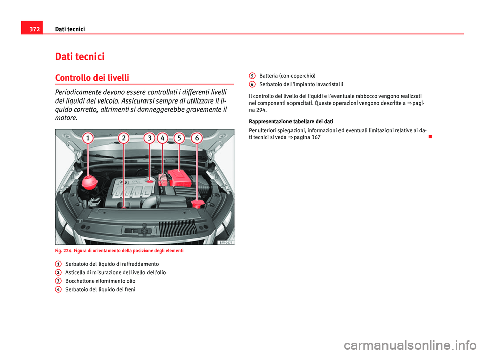 Seat Alhambra 2014 Manuale del proprietario (in Italian) 372Dati tecnici
Dati tecnici
Controllo dei livelli
Periodicamente devono essere controllati i differenti livelli
dei liquidi del veicolo. Assicurarsi sempre di utilizzare il li-
quido corretto, altrim Seat Alhambra 2014 Manuale del proprietario (in Italian) 372Dati tecnici
Dati tecnici
Controllo dei livelli
Periodicamente devono essere controllati i differenti livelli
dei liquidi del veicolo. Assicurarsi sempre di utilizzare il li-
quido corretto, altrim