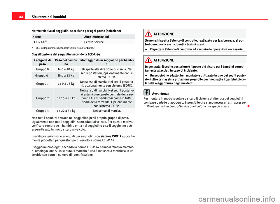 Seat Alhambra 2014  Manuale del proprietario (in Italian) 44Sicurezza dei bambini
Norme relative ai seggiolini specifiche per ogni paese (selezione)
NormaAltre informazioniECE-R 44 a)Centro Servicea)
ECE-R: Regolamento Economic  Commission for Europe.
Classi