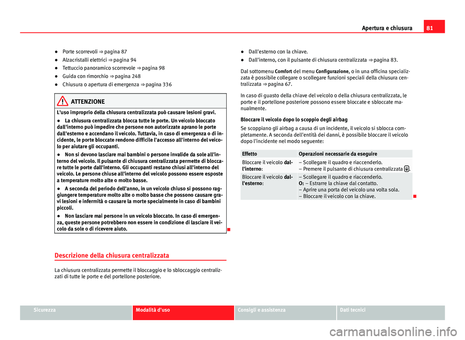 Seat Alhambra 2014 Manuale del proprietario (in Italian) 81
Apertura e chiusura
● Porte scorrevoli ⇒ pagina 87
● Alzacristalli elettrici ⇒ pagina 94
● Tettuccio panoramico scorrevole ⇒ pagina 98
● Guida con rimorchio ⇒ pagina 248
● Seat Alhambra 2014 Manuale del proprietario (in Italian) 81
Apertura e chiusura
● Porte scorrevoli ⇒ pagina 87
● Alzacristalli elettrici ⇒ pagina 94
● Tettuccio panoramico scorrevole ⇒ pagina 98
● Guida con rimorchio ⇒ pagina 248
●