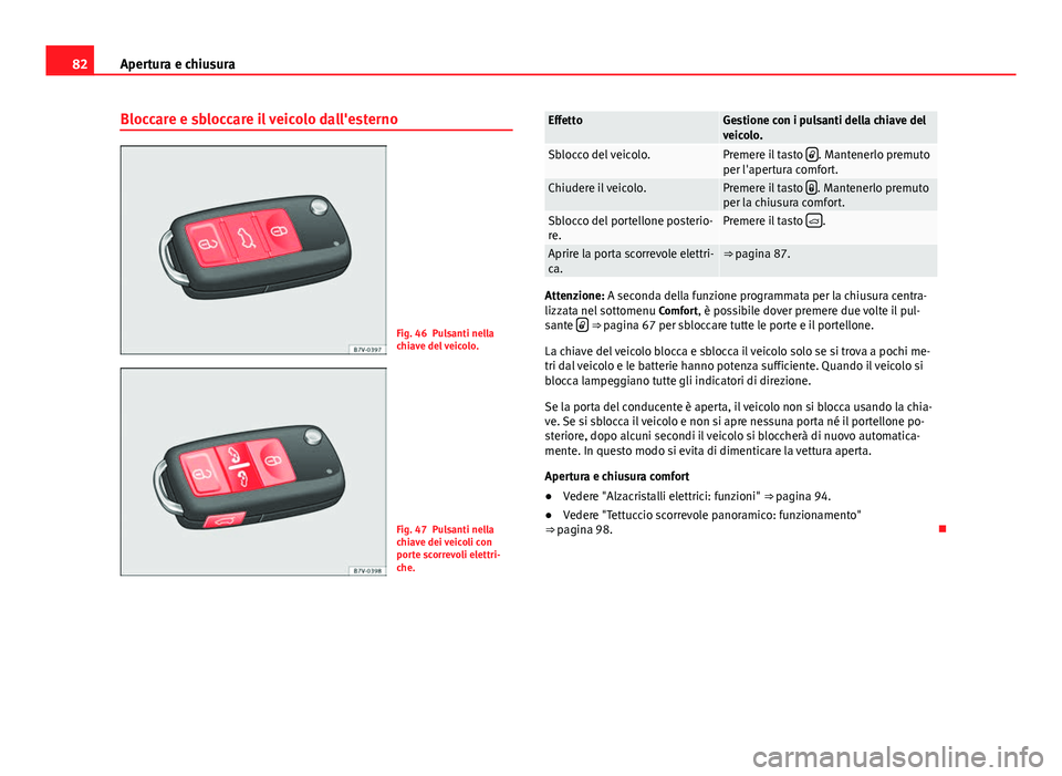 Seat Alhambra 2014 Manuale del proprietario (in Italian) 82Apertura e chiusura
Bloccare e sbloccare il veicolo dall'esterno
Fig. 46 Pulsanti nella
chiave del veicolo.
Fig. 47 Pulsanti nella
chiave dei veicoli con
porte scorrevoli elettri-
che.
EffettoGe Seat Alhambra 2014 Manuale del proprietario (in Italian) 82Apertura e chiusura
Bloccare e sbloccare il veicolo dall'esterno
Fig. 46 Pulsanti nella
chiave del veicolo.
Fig. 47 Pulsanti nella
chiave dei veicoli con
porte scorrevoli elettri-
che.
EffettoGe