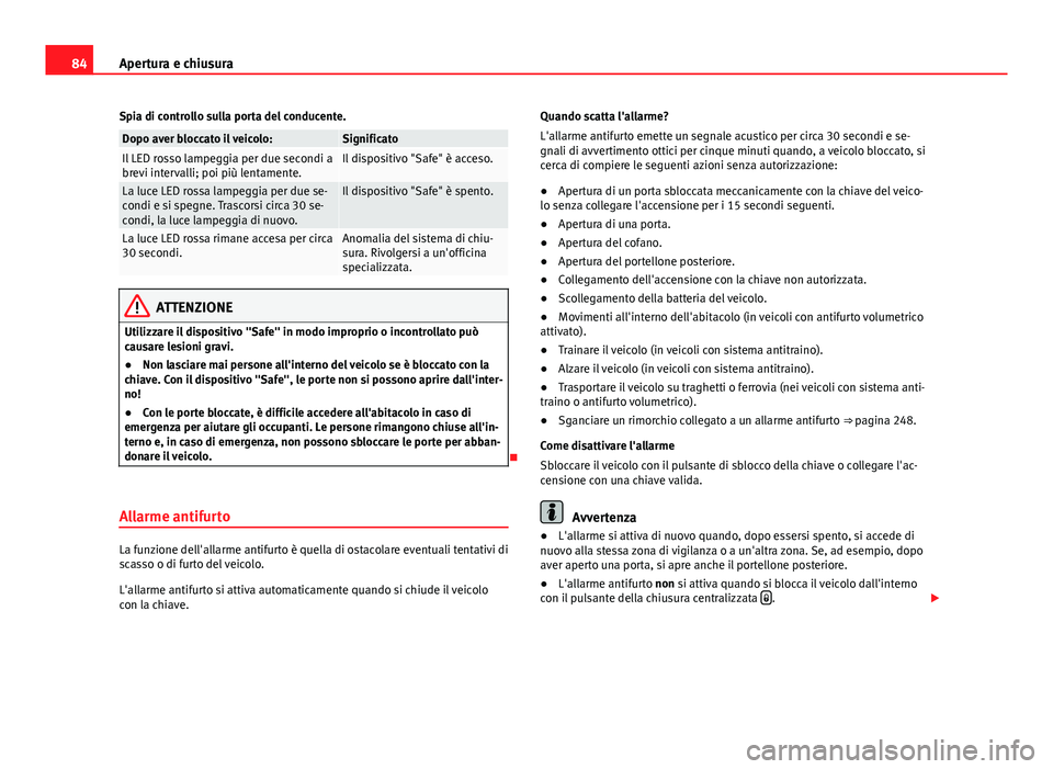 Seat Alhambra 2014 Manuale del proprietario (in Italian) 84Apertura e chiusura
Spia di controllo sulla porta del conducente.
Dopo aver bloccato il veicolo:SignificatoIl LED rosso lampeggia per due secondi a
brevi intervalli; poi più lentamente.Il dispositi Seat Alhambra 2014 Manuale del proprietario (in Italian) 84Apertura e chiusura
Spia di controllo sulla porta del conducente.
Dopo aver bloccato il veicolo:SignificatoIl LED rosso lampeggia per due secondi a
brevi intervalli; poi più lentamente.Il dispositi