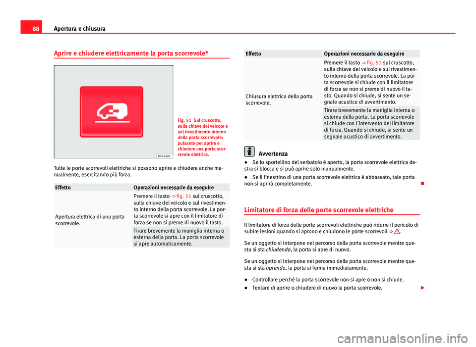 Seat Alhambra 2014 Manuale del proprietario (in Italian) 88Apertura e chiusura
Aprire e chiudere elettricamente la porta scorrevole*
Fig. 51 Sul cruscotto,
sulla chiave del veicolo e
sul rivestimento interno
della porta scorrevole:
pulsante per aprire e
chi Seat Alhambra 2014 Manuale del proprietario (in Italian) 88Apertura e chiusura
Aprire e chiudere elettricamente la porta scorrevole*
Fig. 51 Sul cruscotto,
sulla chiave del veicolo e
sul rivestimento interno
della porta scorrevole:
pulsante per aprire e
chi