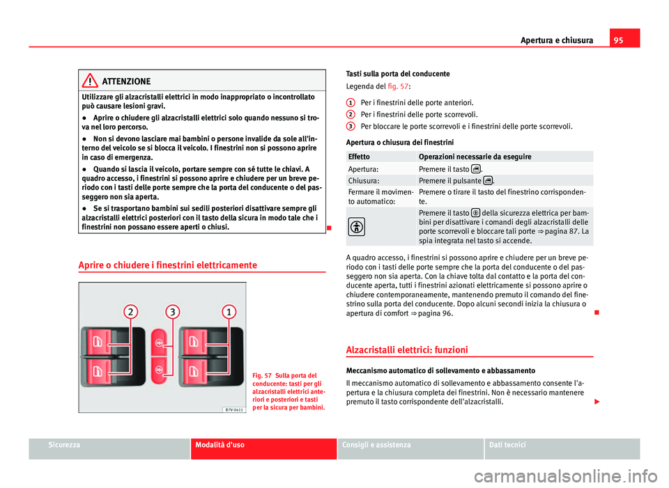Seat Alhambra 2014 Manuale del proprietario (in Italian) 95
Apertura e chiusura
ATTENZIONE
Utilizzare gli alzacristalli elettrici in modo inappropriato o incontrollato
può causare lesioni gravi.
● Aprire o chiudere gli alzacristalli elettrici solo quando Seat Alhambra 2014 Manuale del proprietario (in Italian) 95
Apertura e chiusura
ATTENZIONE
Utilizzare gli alzacristalli elettrici in modo inappropriato o incontrollato
può causare lesioni gravi.
● Aprire o chiudere gli alzacristalli elettrici solo quando