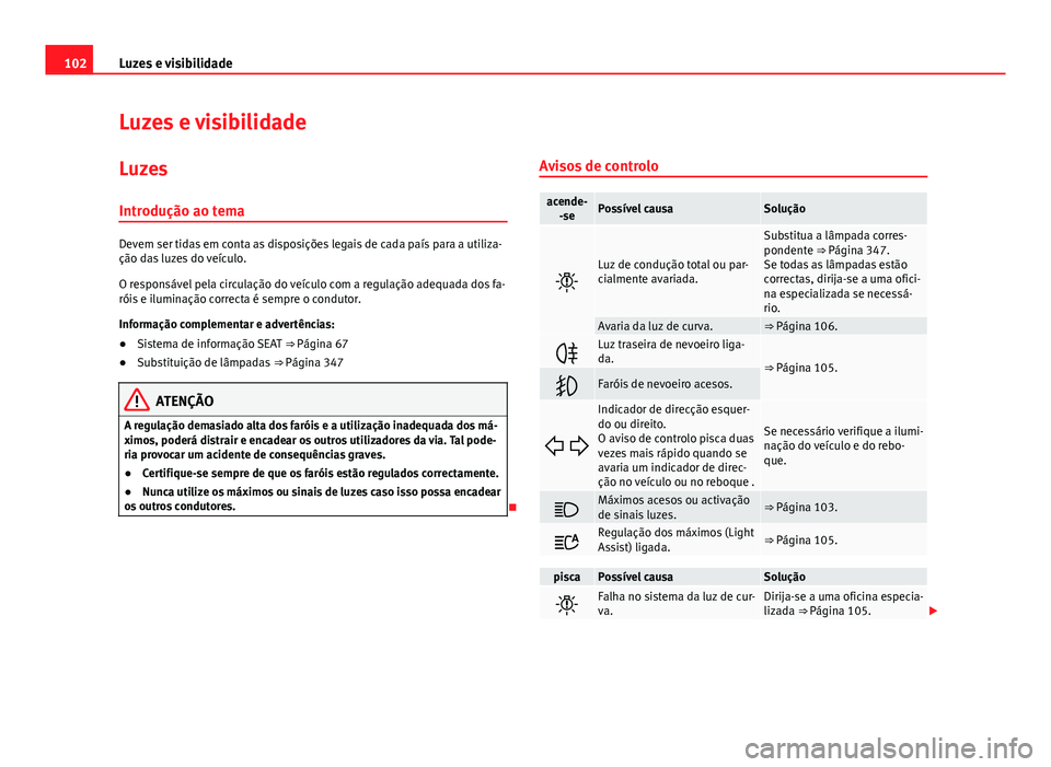 Seat Alhambra 2014 Manual do proprietário (in Portuguese) 102Luzes e visibilidade
Luzes e visibilidade
Luzes
Introdução ao tema
Devem ser tidas em conta as disposições legais de cada país para a utiliza-
ção das luzes do veículo.
O responsável pela Seat Alhambra 2014 Manual do proprietário (in Portuguese) 102Luzes e visibilidade
Luzes e visibilidade
Luzes
Introdução ao tema
Devem ser tidas em conta as disposições legais de cada país para a utiliza-
ção das luzes do veículo.
O responsável pela