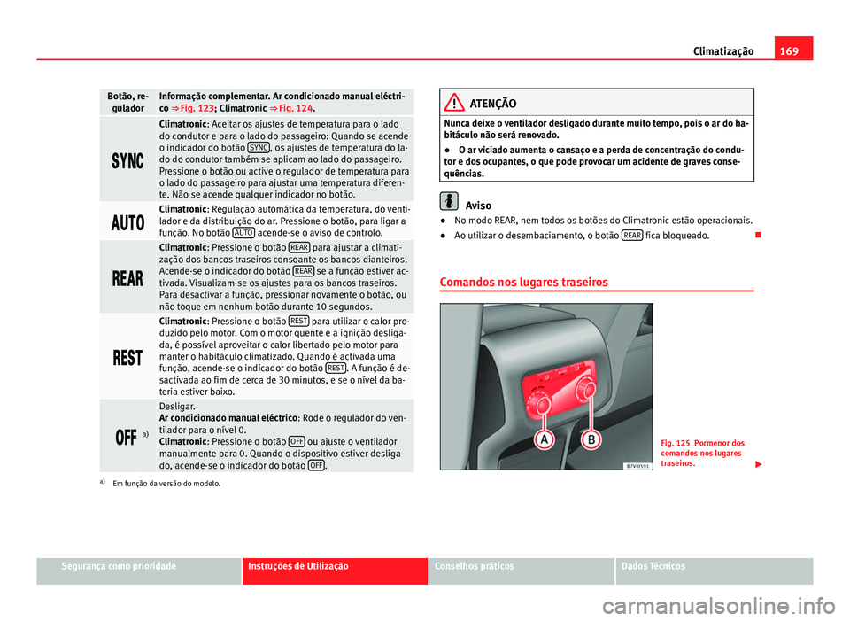 Seat Alhambra 2014 Manual do proprietário (in Portuguese) 169
Climatização
Botão, re-
guladorInformação complementar. Ar condicionado manual eléctri-
co ⇒ Fig. 123; Climatronic ⇒ Fig. 124.
Climatronic: Aceitar os ajustes de temper Seat Alhambra 2014 Manual do proprietário (in Portuguese) 169
Climatização
Botão, re-
guladorInformação complementar. Ar condicionado manual eléctri-
co ⇒ Fig. 123; Climatronic ⇒ Fig. 124.
Climatronic: Aceitar os ajustes de temper