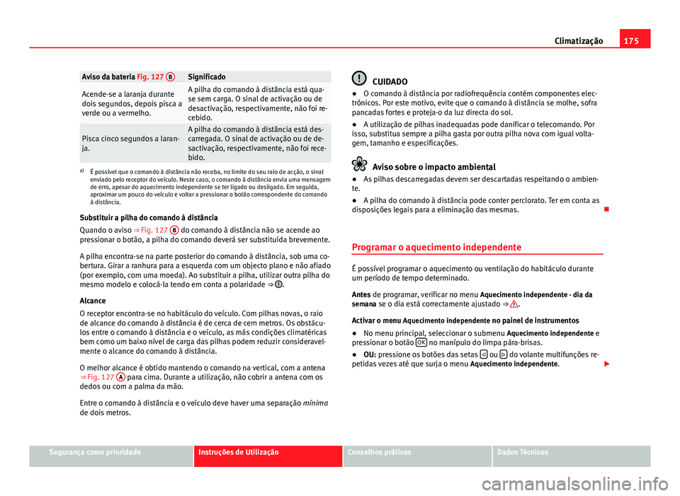 Seat Alhambra 2014 Manual do proprietário (in Portuguese) 175
Climatização
Aviso da bateria Fig. 127 BSignificado
Acende-se a laranja durante
dois segundos, depois pisca a
verde ou a vermelho.A pilha do comando à distância está qua-
se sem carga. O sin Seat Alhambra 2014 Manual do proprietário (in Portuguese) 175
Climatização
Aviso da bateria Fig. 127 BSignificado
Acende-se a laranja durante
dois segundos, depois pisca a
verde ou a vermelho.A pilha do comando à distância está qua-
se sem carga. O sin
