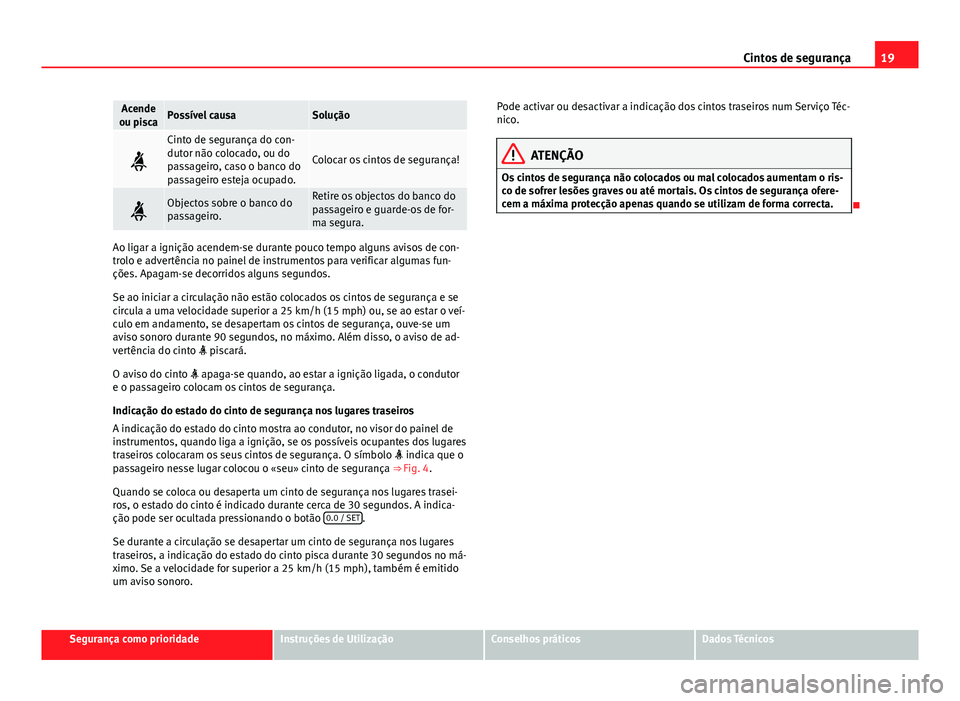 Seat Alhambra 2014 Manual do proprietário (in Portuguese) 19
Cintos de segurança
Acende
ou piscaPossível causaSolução
Cinto de segurança do con-
dutor não colocado, ou do
passageiro, caso o banco do
passageiro esteja ocupado.
Colocar os cintos de s Seat Alhambra 2014 Manual do proprietário (in Portuguese) 19
Cintos de segurança
Acende
ou piscaPossível causaSolução
Cinto de segurança do con-
dutor não colocado, ou do
passageiro, caso o banco do
passageiro esteja ocupado.
Colocar os cintos de s